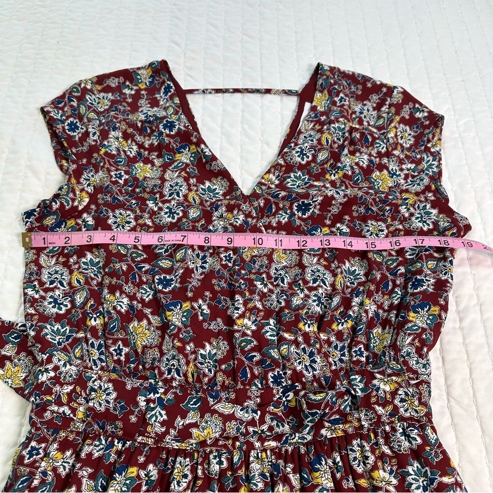 DR2 Floral Dress Doble V-Neck Tie Waist Cap Sleeve With Pockets and Side Zipper - Picture 9 of 16
